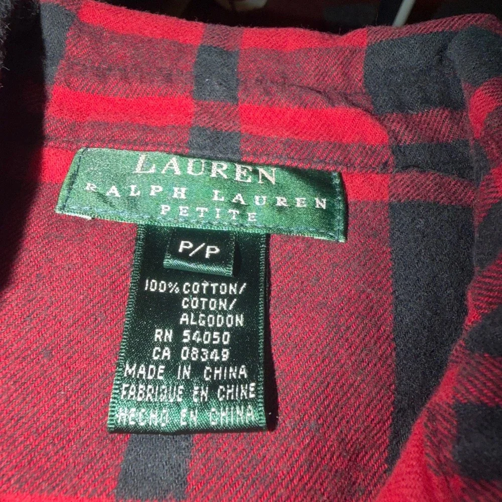 Lauren Ralph Lauren Petite Red Black Plaid Quarter Zip Flannel Shirt‎ P/P Cotton